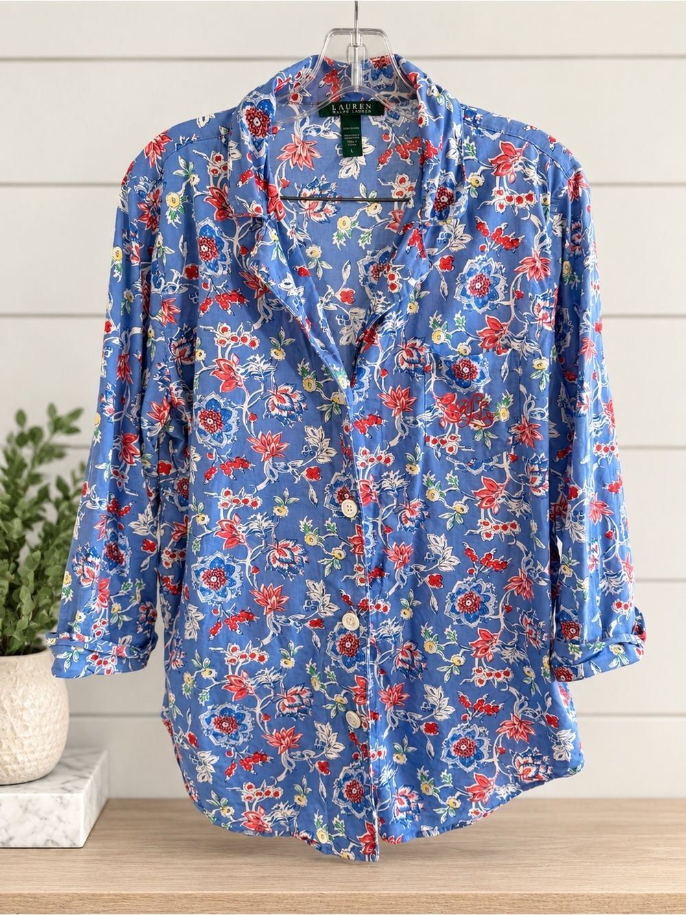 Lauren Ralph Lauren Floral Pajama Top L Blue Red 100% Cotton Button Front